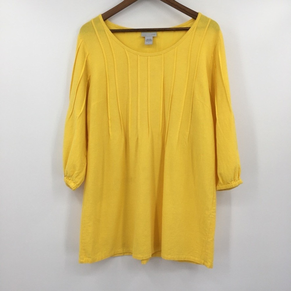 Soft Surroundings Pin Tuck‎ 3/4 Sleeve Tunic Blouse Womens M Yellow Boho Coastal